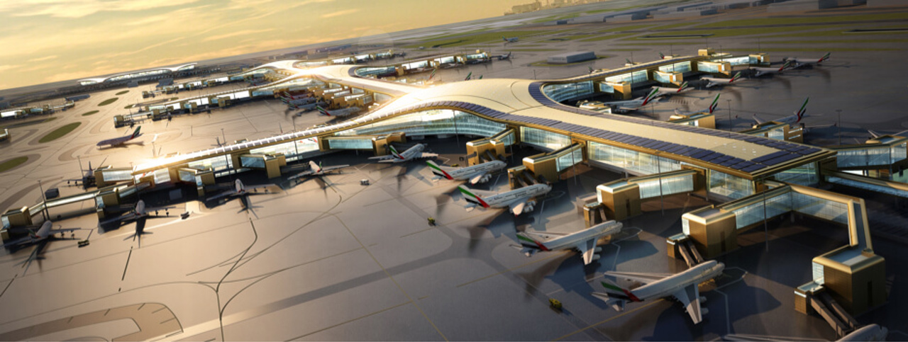 Visualization of a DWC concourse with flights connected to the contact gates