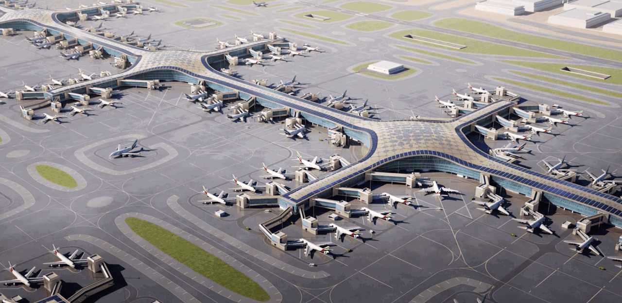Bird's eye view of the concourse and contact gates with aircraft at DWC, visualisation