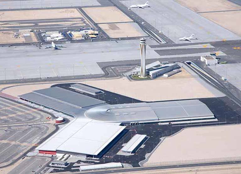 Bird's eye view of the Passenger Terminal and Control Tower at Dubai World Central