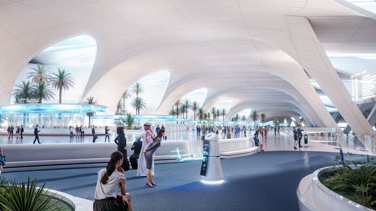 Bird's eye visualisation of two lit-up concourses at DWC by night