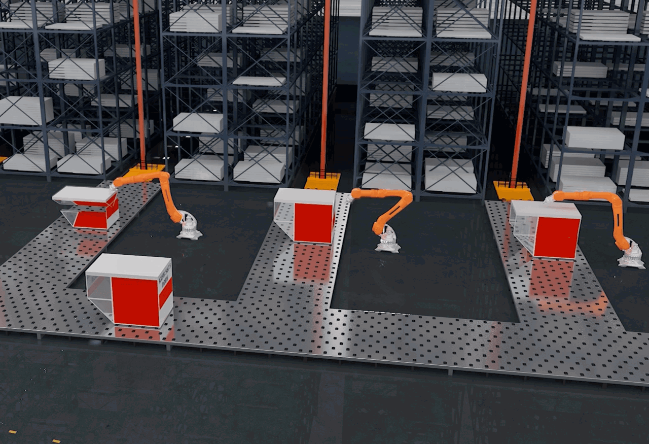 Visualization of robotic arms sorting baggage.