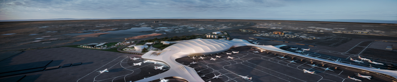 Bird's eye visualization of the West Terminal and concourse by night at Dubai World Central
