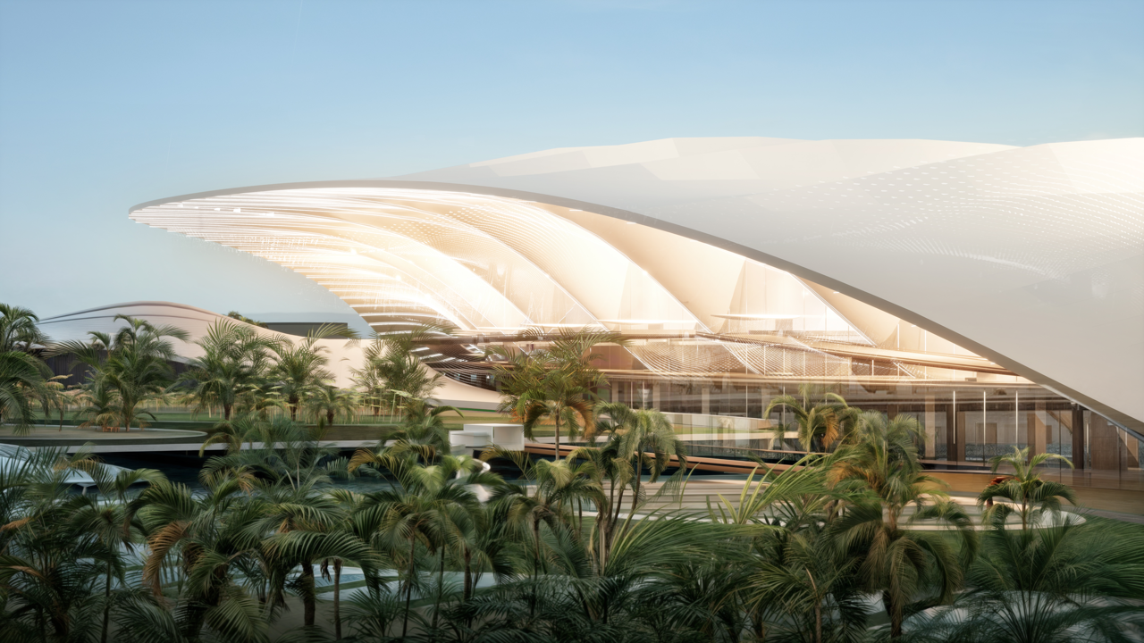 Bird's eye visualisation of the West Terminal entrance at DWC